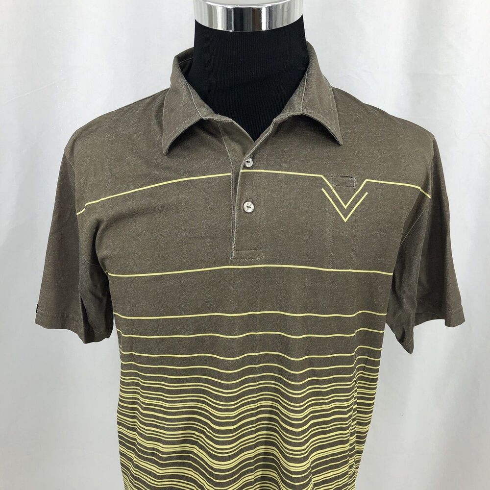 Travis Mathew Pima Cotton Brown Yellow Striped Pencil Pocket Golf Polo Large